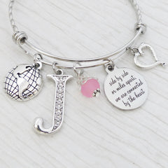 personalized letter bangle bracelet with saying side by side or miles apart we are connected by the heart with globe charm and heart charm pink bead