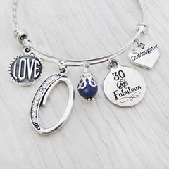 30 and fabulous custom bangle bracelet with initial letter, love charm and heart Goddaughter charm with blue bead. can be for 40th 50th 60th 70th
