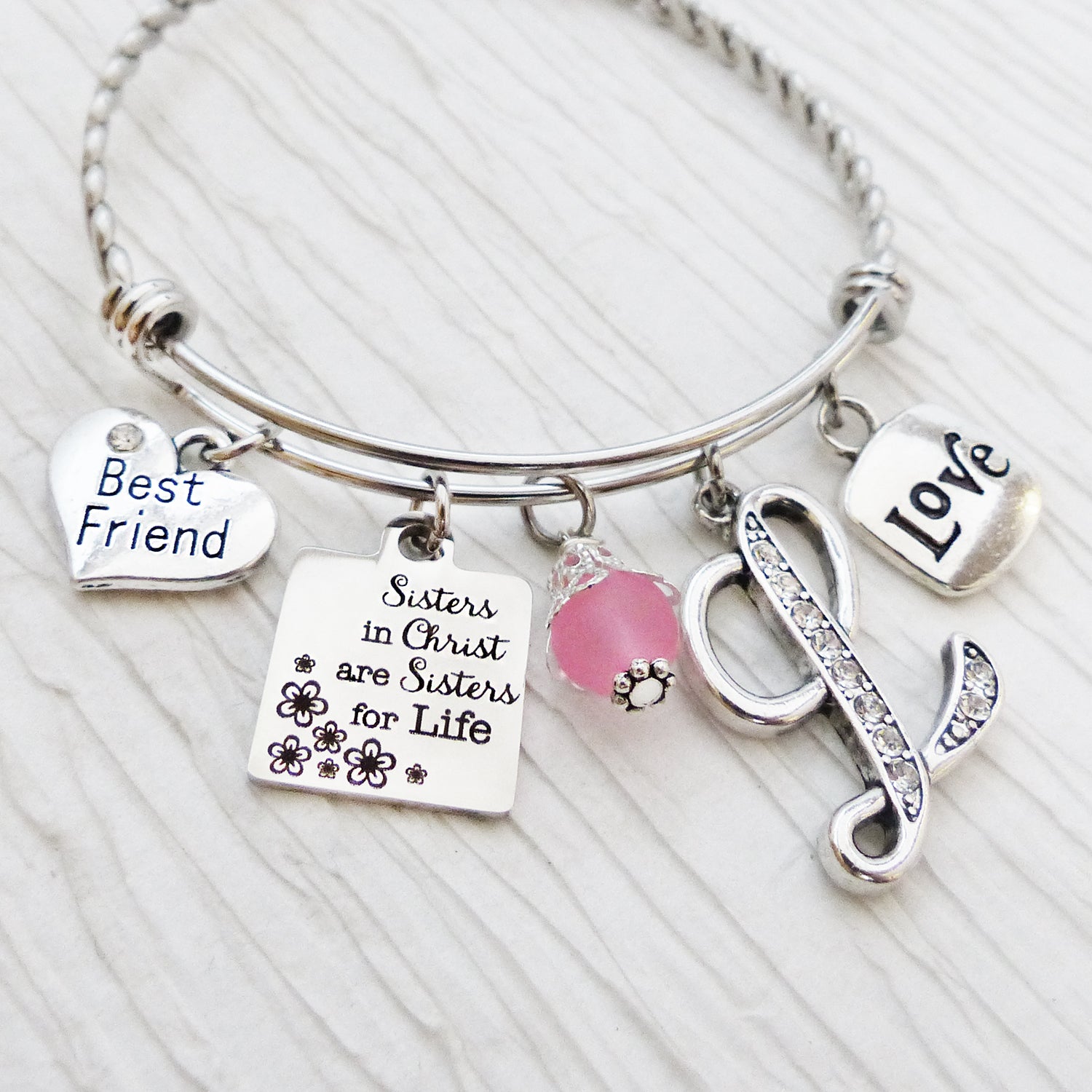 personalized bangle bracelet with rhinestone letter charm and sister in Christ and sisters for life charm, Best friend charm love charm with pink bead