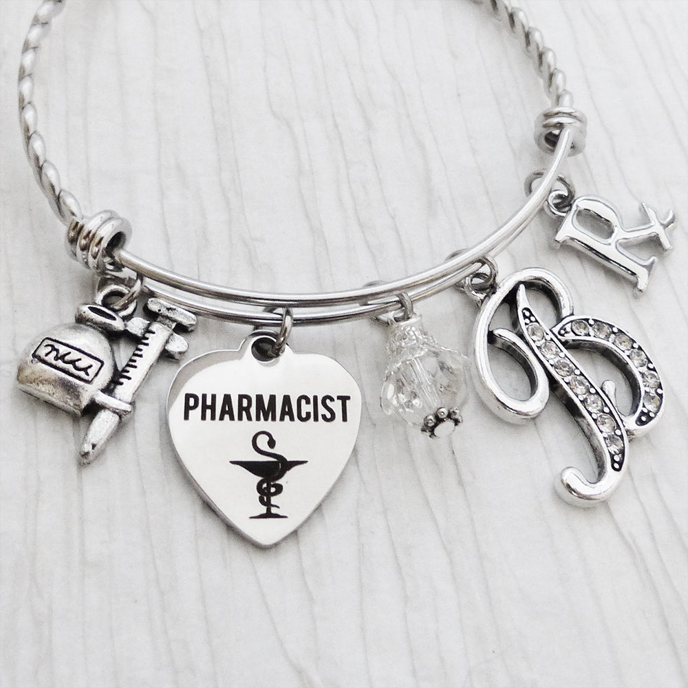 Pharmacist Gift, Pharmacy gift-Personalize Bangle Bracelet, Graduation Gifts, Medical-Jewelry, College Graduation, Rx charm, Tech