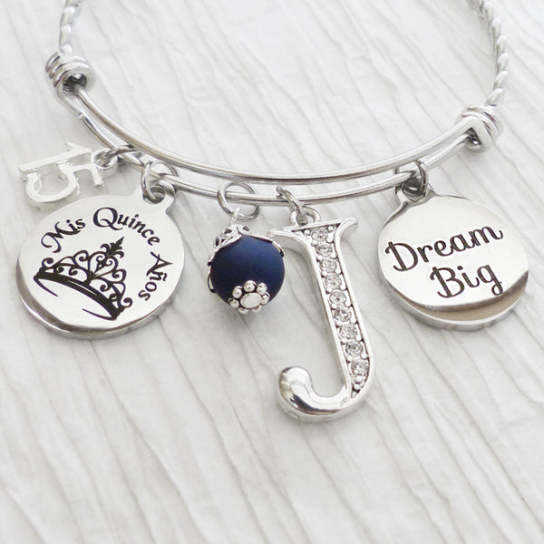 Quinceanera Bracelet, 15th Birthday Gift, Dream Big Jewelry, Personalized Bangle Bracelet- Mis Quince Anos, Jewelry- Crown, Number 15