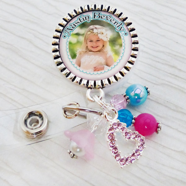 Personalized PHOTO Badge Holder, Baby Photograph, Photo Badges, Heart Charm, Retractable ID Pull, Nurse RN Gifts