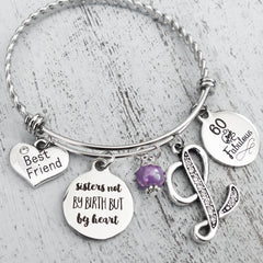 personalized sisters not by birth but by heart with rhinestone letter charm best friend charm and 60 and fabulous charm with a purple bead