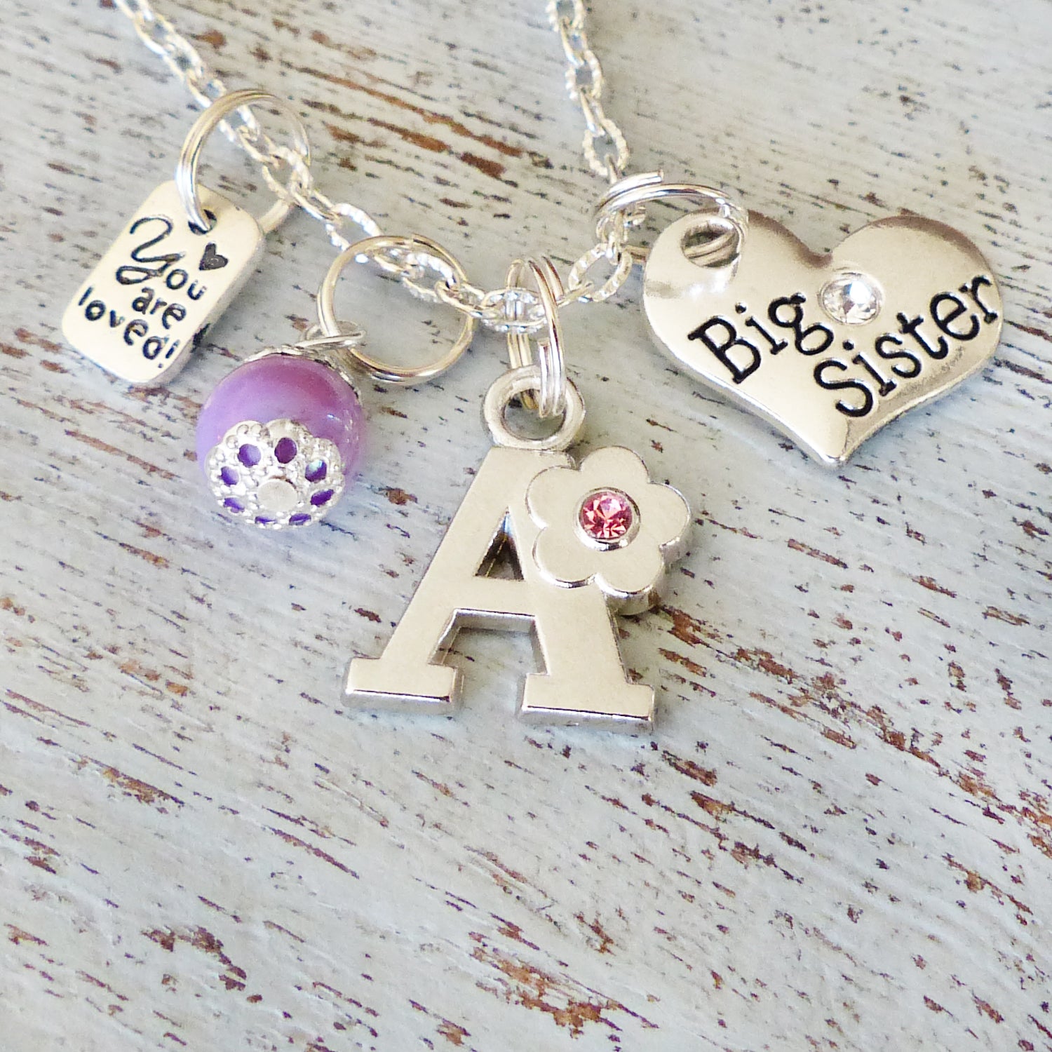 Big Sister Gift-Personalized Gift for Big Sister- Flower Letter Charm-Initial Necklace,Gifts for Girls, You are loved-Charm Necklace, Purple