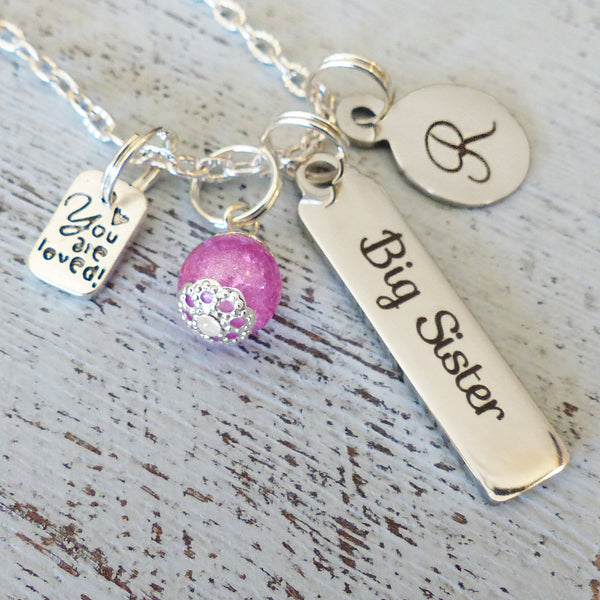 Big Sister Necklace- Bar Necklace-Initial Necklace,Gifts for Little Girls, You are loved-Charm Necklace, Pink, Pregnancy Reveal Jewelry, New