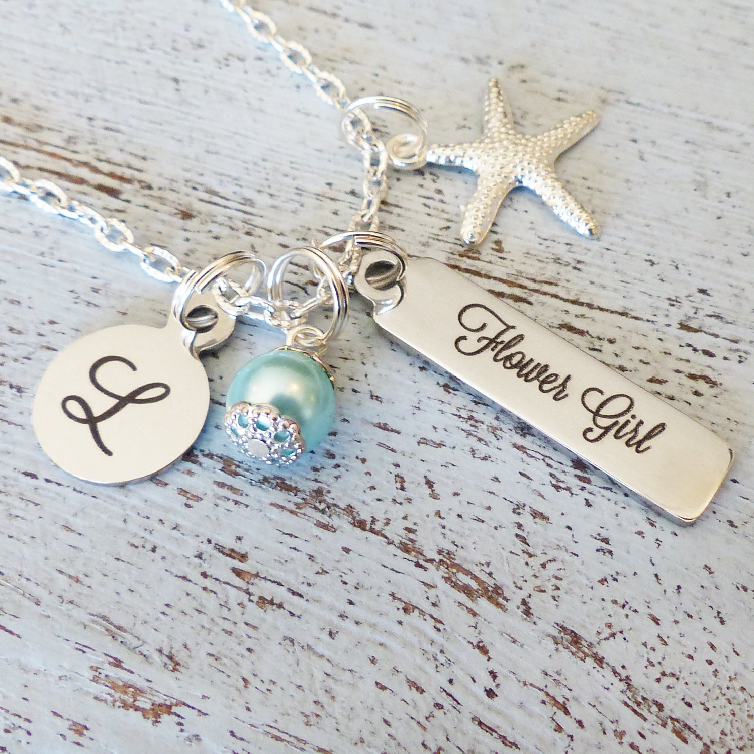 Flower Girl Necklace- Personalized Gift for Flower girl-Bar Necklace-Initial Necklace, Gifts for Flower Girls, Starfish Charm Necklace, Blue
