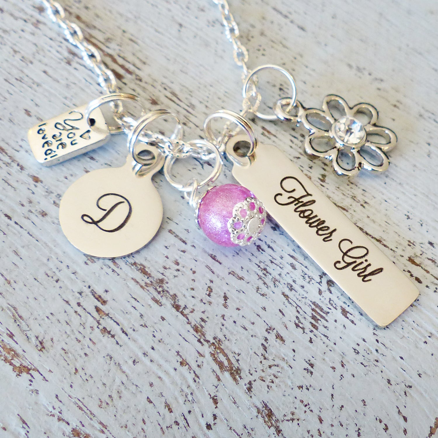 Flower Girl Gift-Personalized Gift for Flower girl- Bar Necklace-Initial Necklace,Gifts for Flower Girls, You are loved-Charm Necklace, Pink