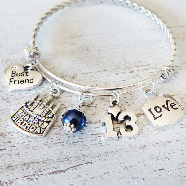 13th birthday bangle bracelet with happy birthday cake charm best friend charm and love charm with blue bead and number 13 charm