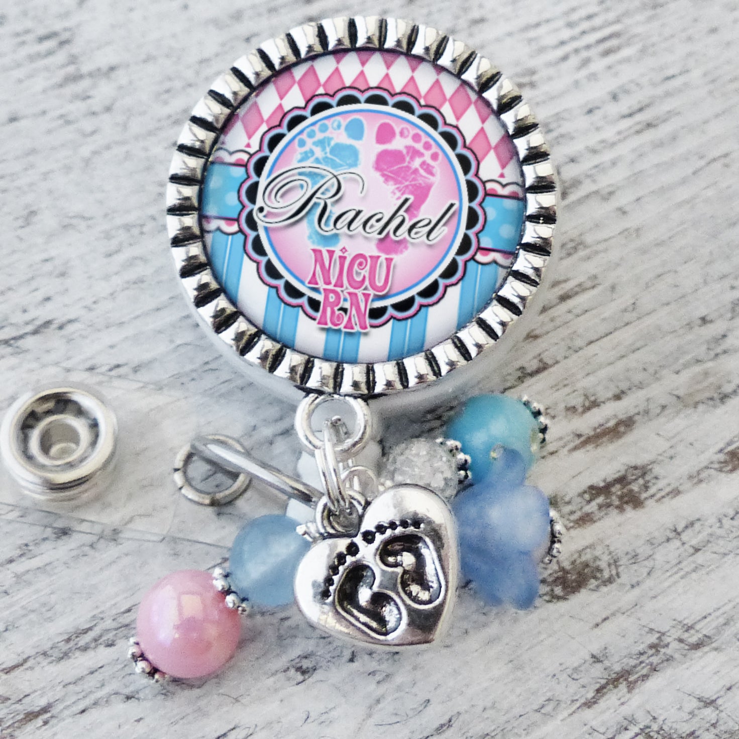 Labor and Delivery Badge Reel with Baby Footprints, NICU RN Personalized ID Badge Pull, Pink Blue