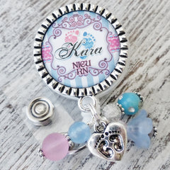 Personalized RN Badge Holder with Baby Footprints-NICU RN, Postpartum-ID Badge Pull, Pink Blue, Grey-Retractable Badge Reel for Nurses-L&D Nurse Gifts
