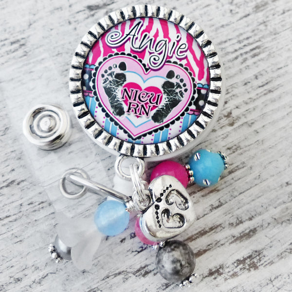 Personalized Labor and Delivery Badge Holder, OB, Postpartum, L&D, NICU, Baby Footprints, ID Badge Pull, Retractable Badge Reel for Nurses, RN Gifts