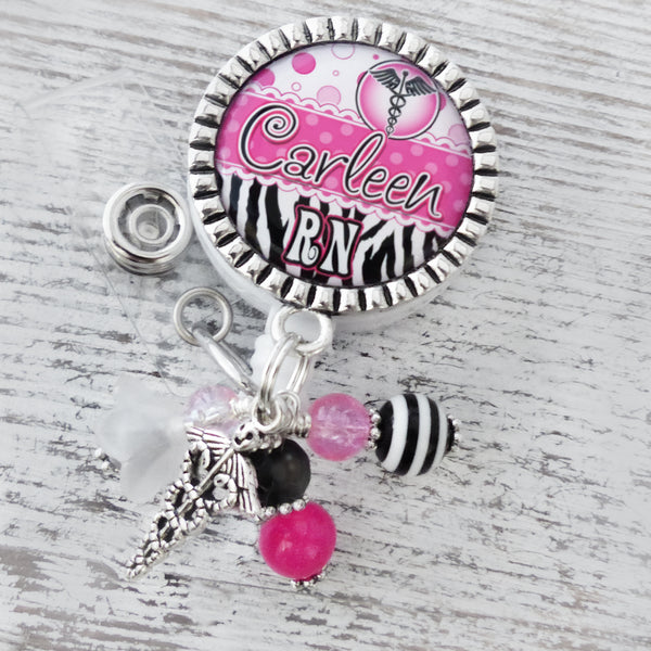 RN Badge Reel, Personalized ID Badges for Nurses, Zebra Print, NP, BSN, CNA, Retractable Holder with Name and Title, Custom Nurse Gifts, Graduation