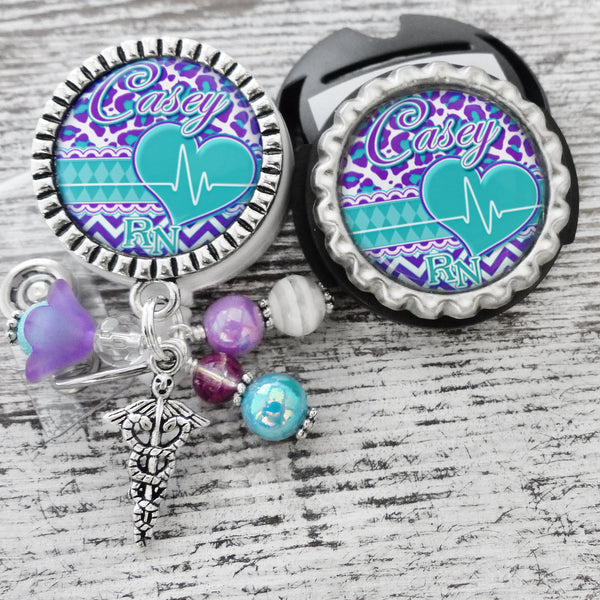 Cardiac RN Badge Holder with matching Stethoscope Name Tag Set, Personalized ID Badges for Nurses, Rhythm Strip, EKG Tech, Telemetry Nurse