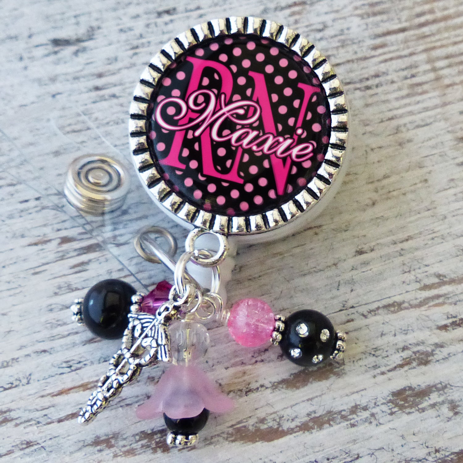 RN Badge Reel, Personalized ID Badges for Nurses, Polka-dots, NP, BSN, CNA, Retractable Holder with Name and Title, Nurse Gifts, Graduation
