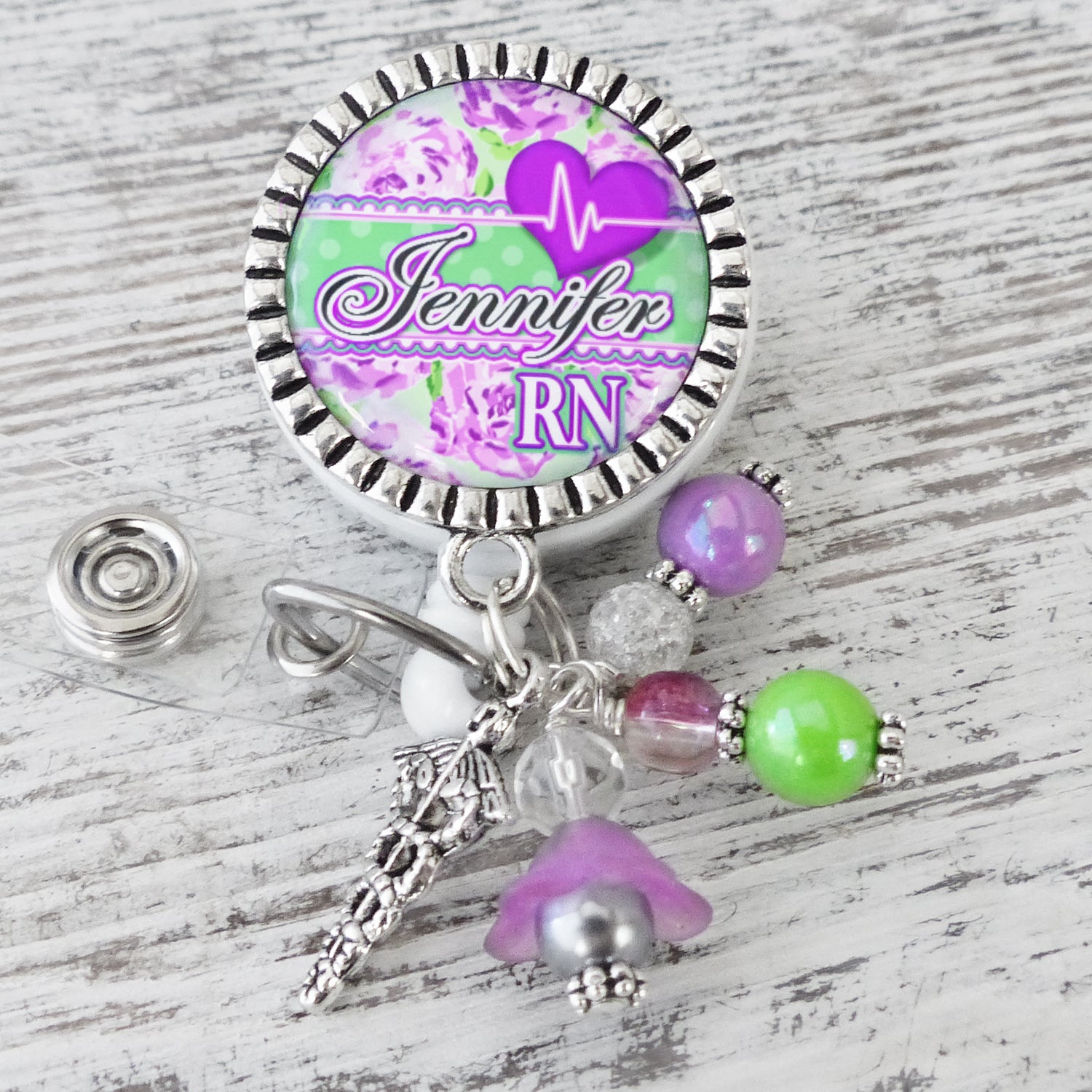 RN Labor and Delivery Footprint Badge Reel, Personalized Badges for Nurses, Nicu RN, Postpartum ID Badge Pull, Purple Green, RN Gifts, Graduation