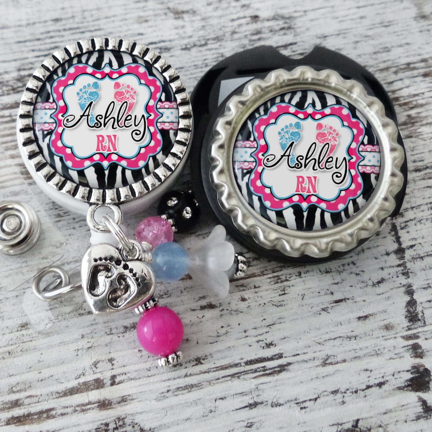 Personalized L&D Badge Holder with matching Stethoscope Name Tag Set-L&D-NICU-Baby Footprints-Zebra Print, Retractable Badge Reel for Nurses-RN Gifts