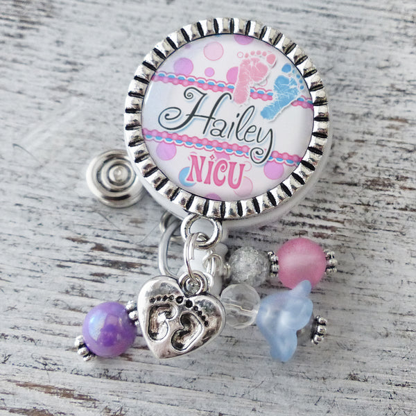 NICU Footprint Badge Reel, Labor and Delivery Personalized RN Badge Holder with Footprint charm, ID Badge Pull