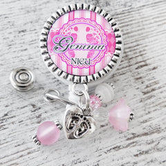 NICU Footprint Badge Reel, Personalized Badges for Nurses, RN, Postpartum, Retractable ID Badge Pull, Pink, Grey