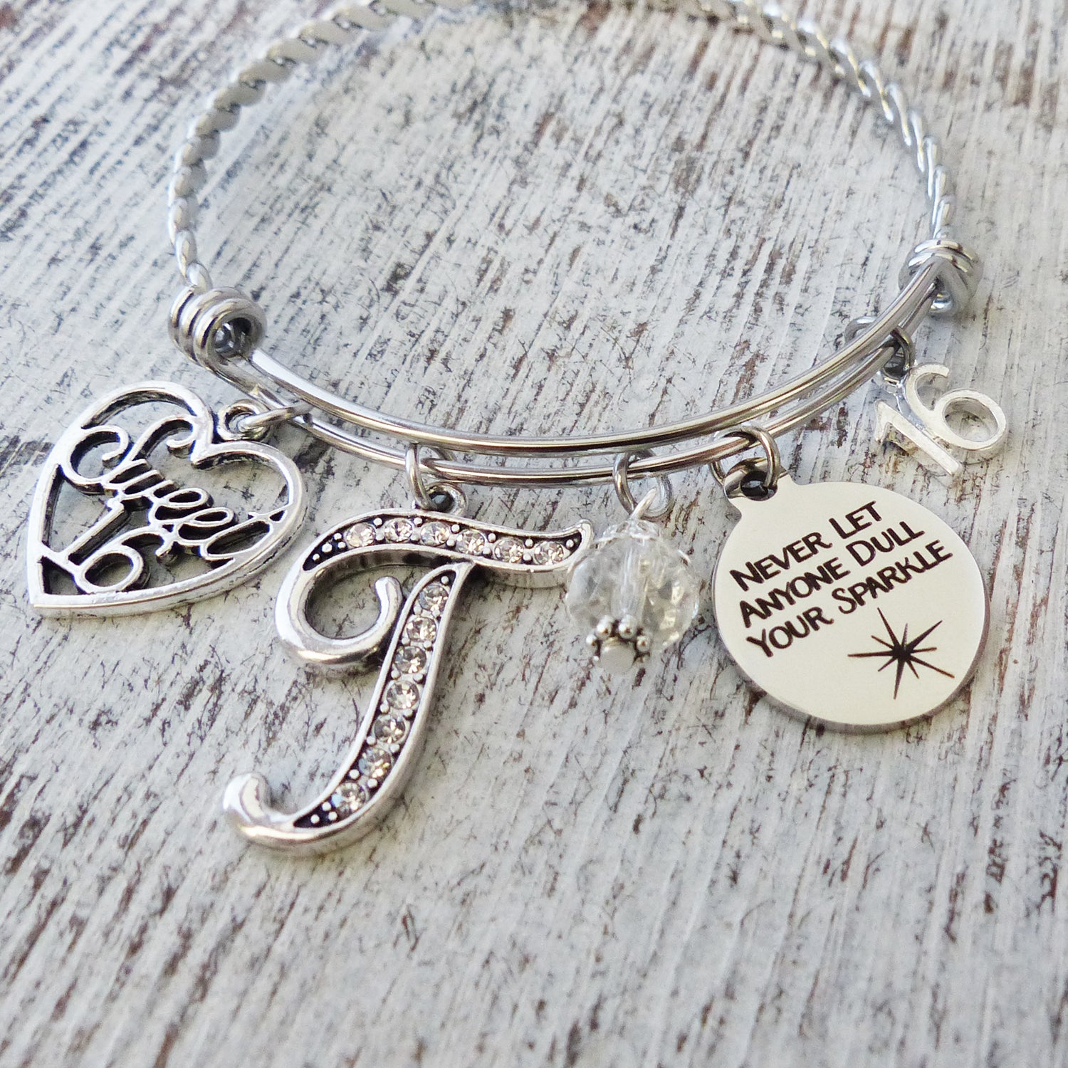 Personalized SWEET 16 Jewelry, 16th Birthday Gift, Never let anyone dull your sparkle-Bangle Bracelet, 16th Birthday Gifts