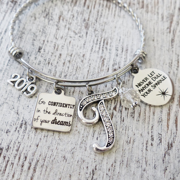 Custom graduation bangle bracelet year charm and Go confidently in the direction of your dreams charm, Never let anyone dull your sparkle charm
