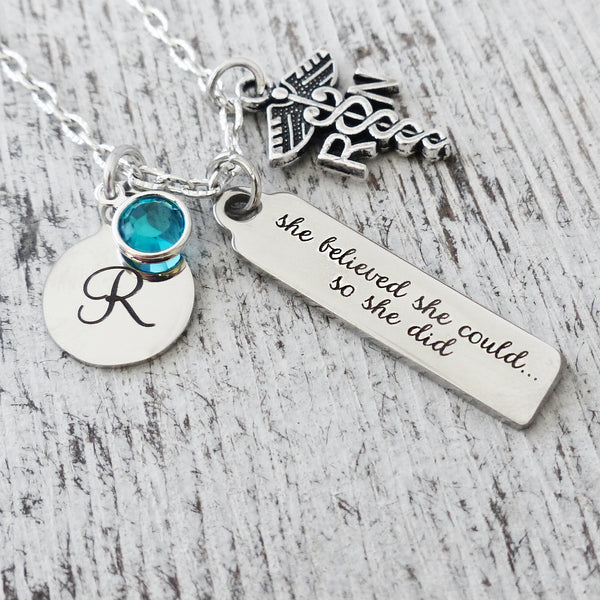 RN Graduation Jewelry, She believed she could so she did Necklace, Personalized RN Graduate Necklacel, College, New grad