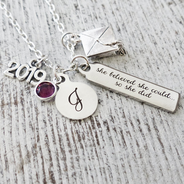 Personalized she believed she could so she did necklace with letter charm and birthstone- graduation cap charm and custom year charm for graduate