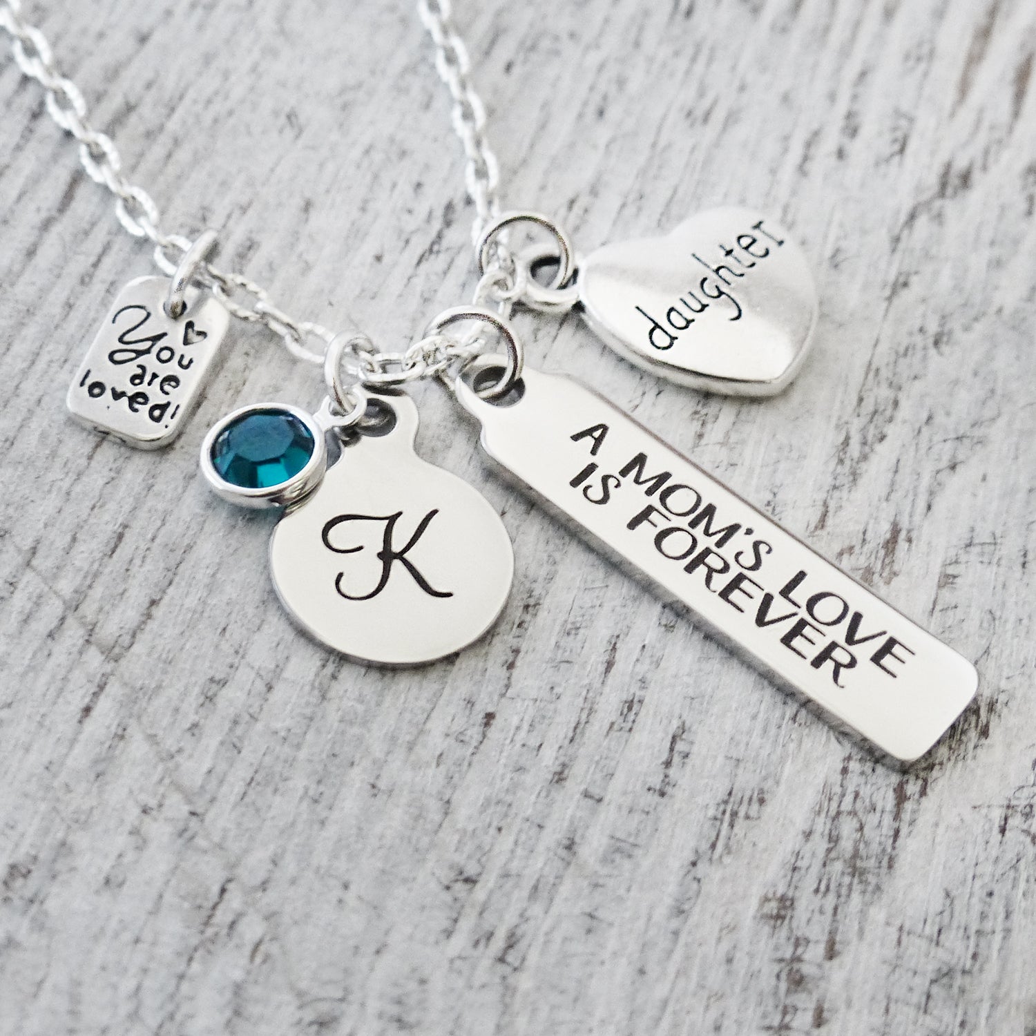 personalized daughter necklace with a mom's love is forever charm, round letter charm with birthstone and heart daughter charm and you are loved charm