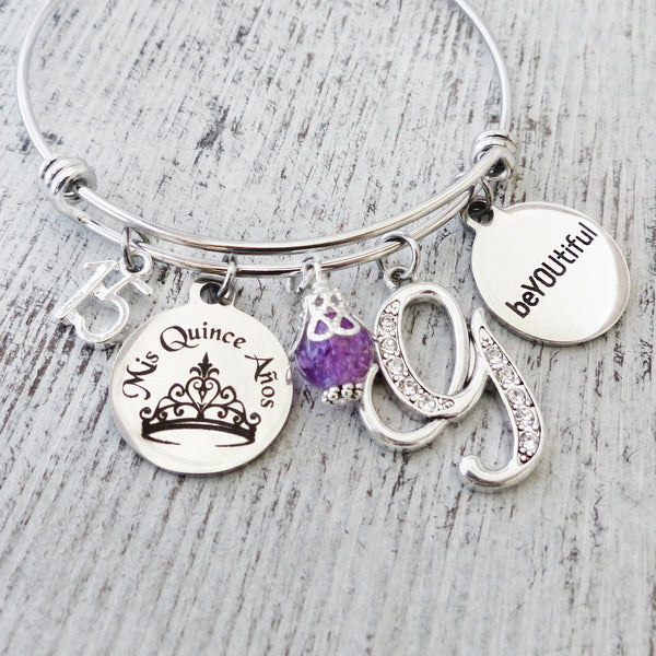 Quinceanera Bracelet, 15th Birthday Gift, beYOUtiful Jewelry, Personalized Bangle Bracelet- Mis Quince Anos, Jewelry- Crown, Number 15