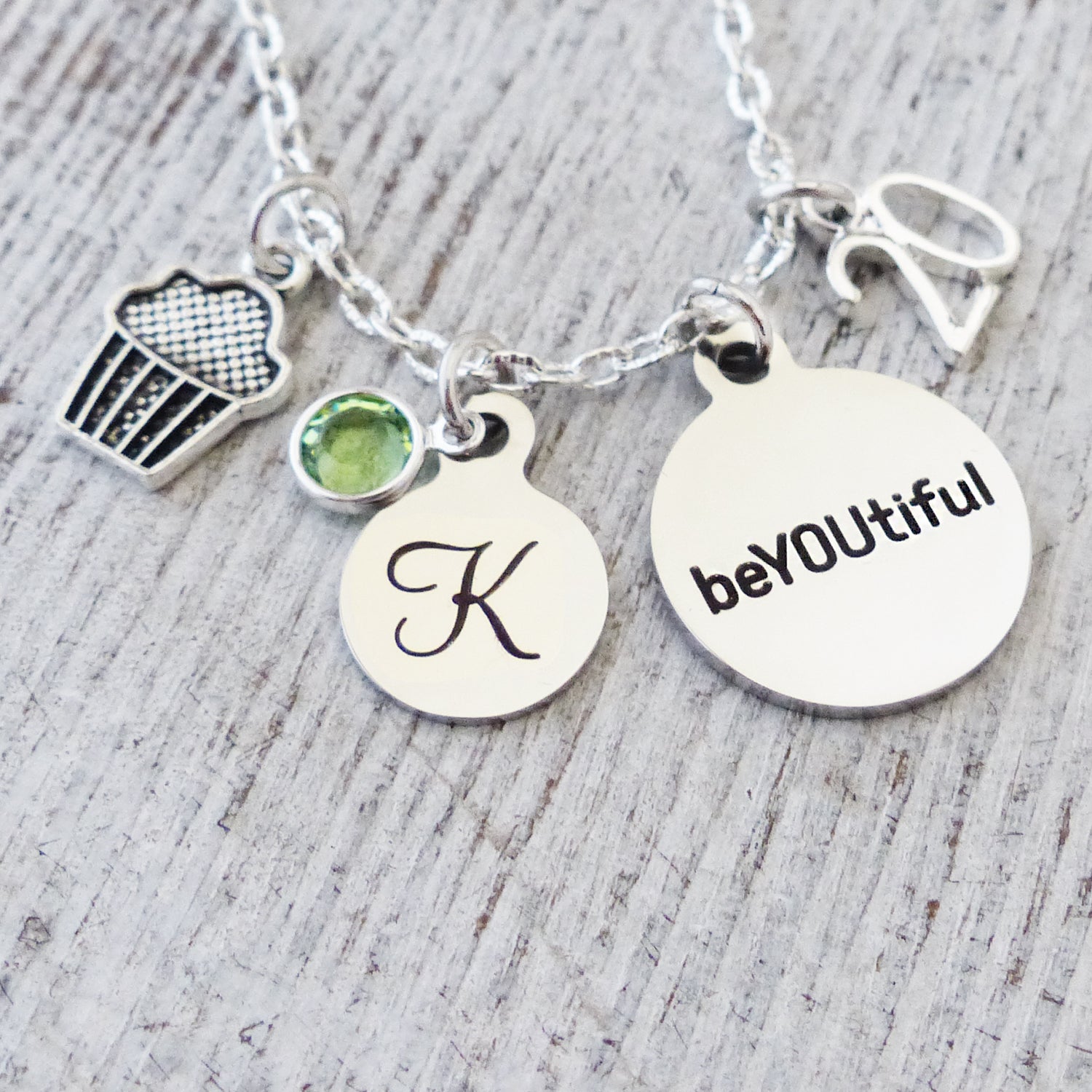 Custom beYOUtiful necklace with personalized number charm, initial letter with birthstone and cupcake charm-birthday gift for her
