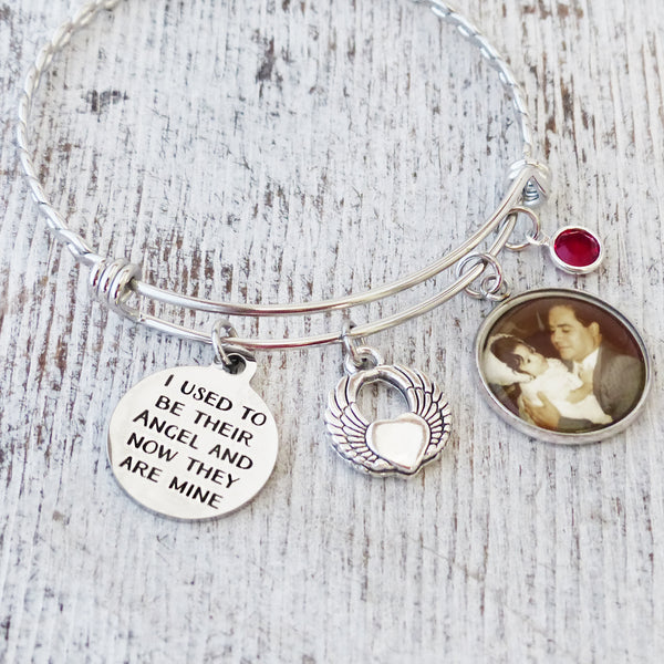 i used to be their angel and now they are mine memorial bangle bracelet with custom photo charm, angel wing and custom birthstone charm