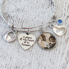 bereavement bracelet for loss of a loved one-a piece of my heart is in heaven with custom photo pendant and angel wing charm-birthstone