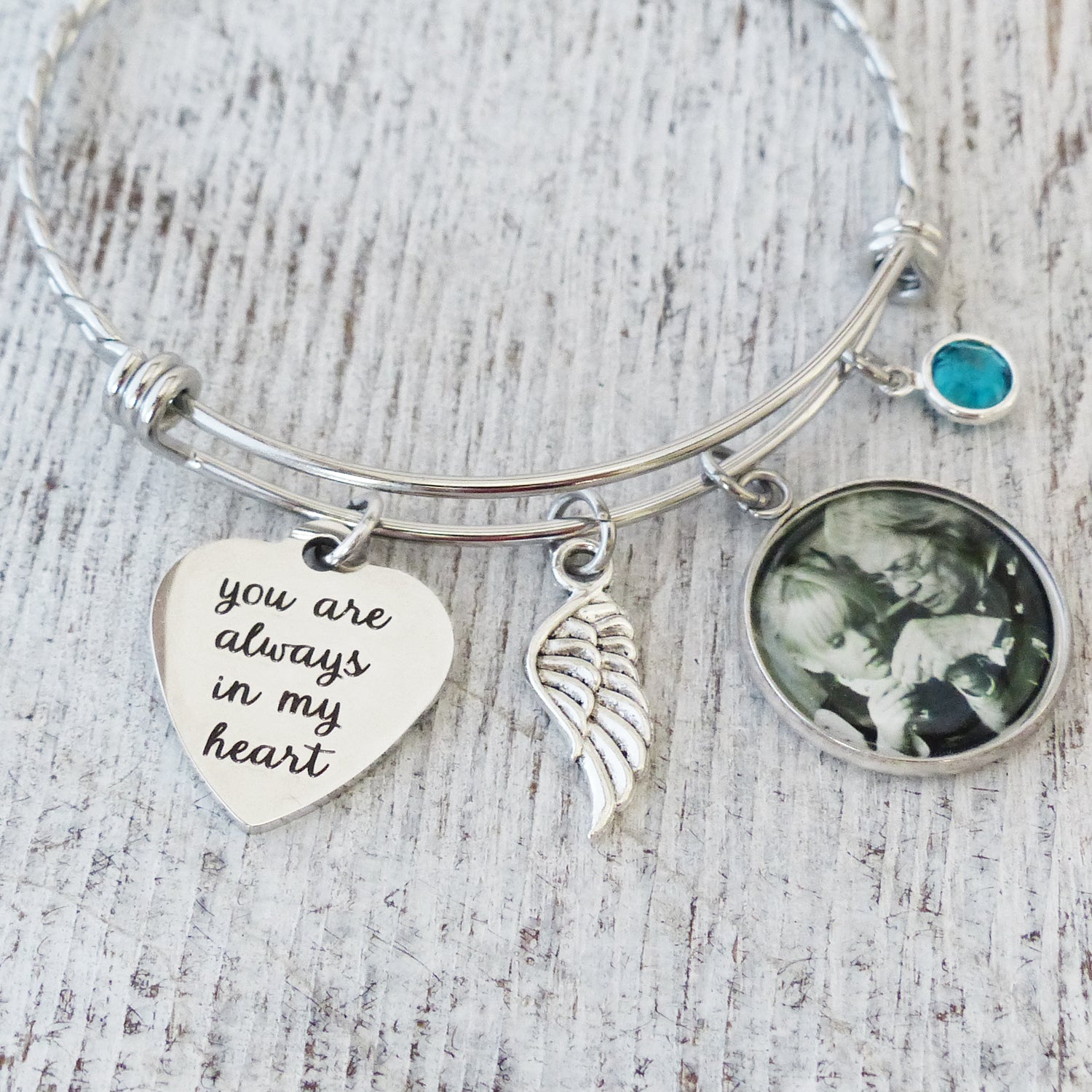 loss of a loved one sympathy gift-a memorial bangle bracelet with you are always in my heart charm, a custom photo pendant, angel wing and birthstone charm