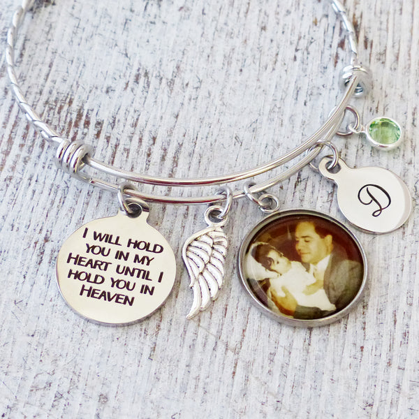 memorial theme bangle bracelet-I will hold you in my heart until I hold you in heaven-with custom photo pendant-angle wing charm-one round letter and birthstone