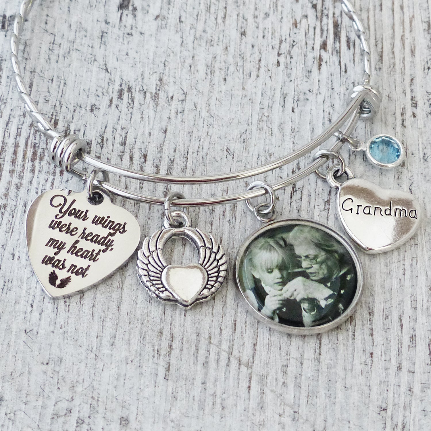 custom photo memorial bangle bracelet with saying Your wings were ready my heart was not-includes angel wing charm and grandma charm and custom birthstone