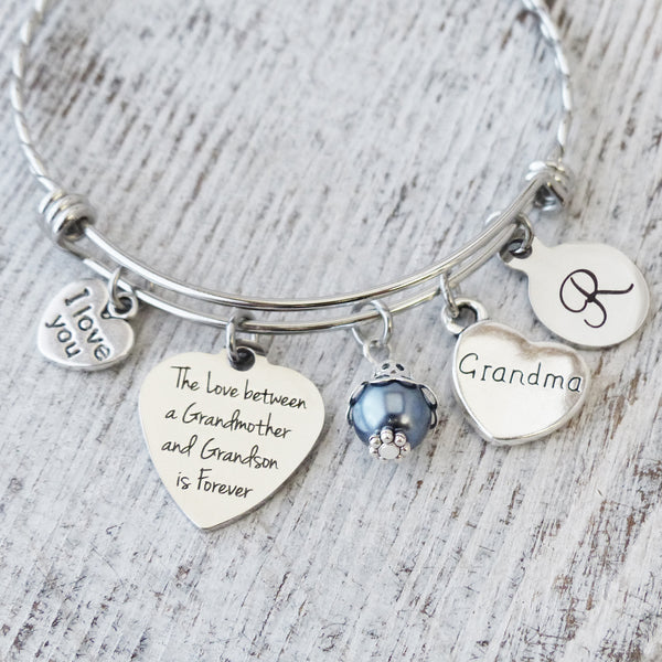 Grandma gift from grandson a personalized the love between a grandmother and grandson is forever bangle bracelet with I love you charm, grandma charm and initial letter charm