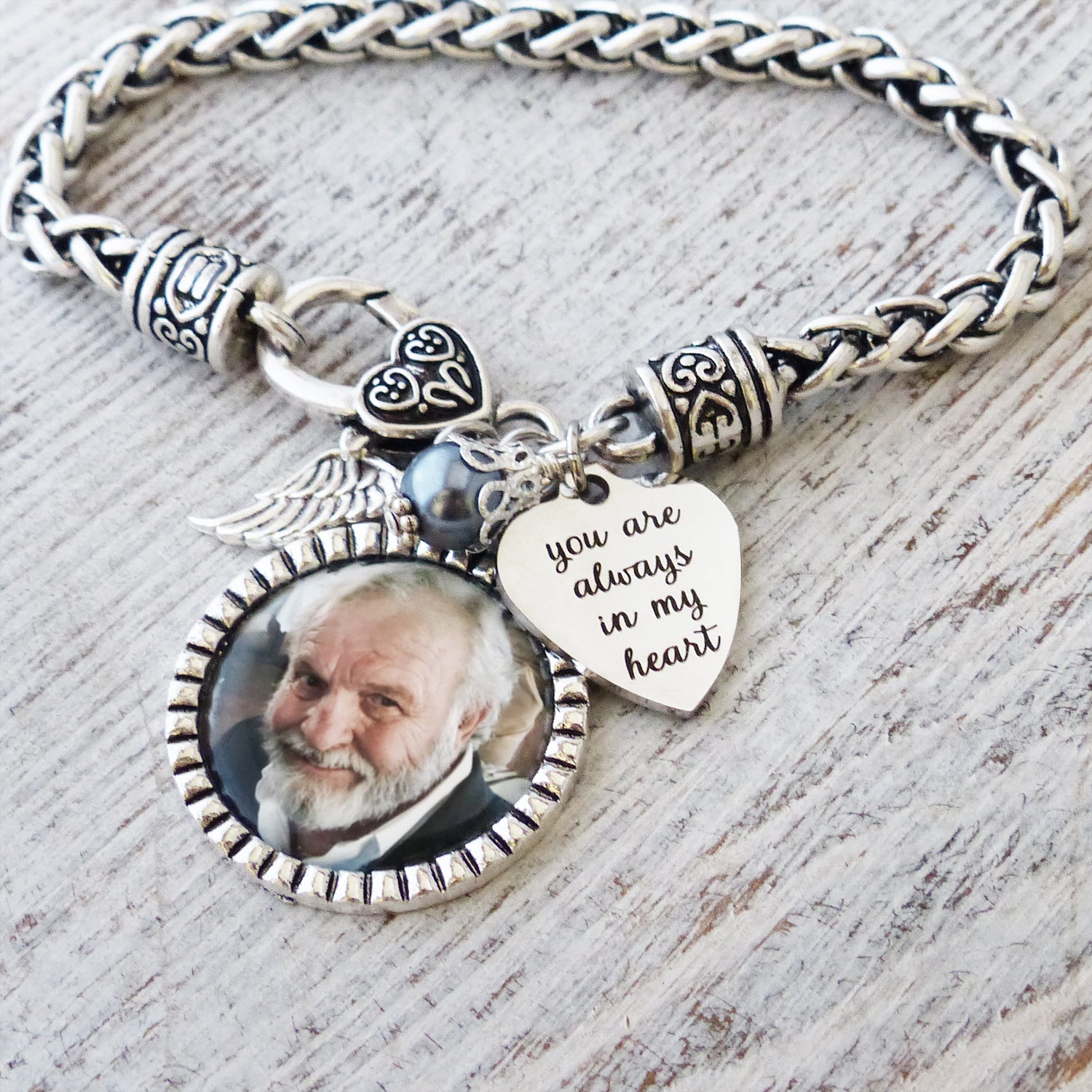 You are always in my heart custom photo memorial bracelet with angel wing charm.