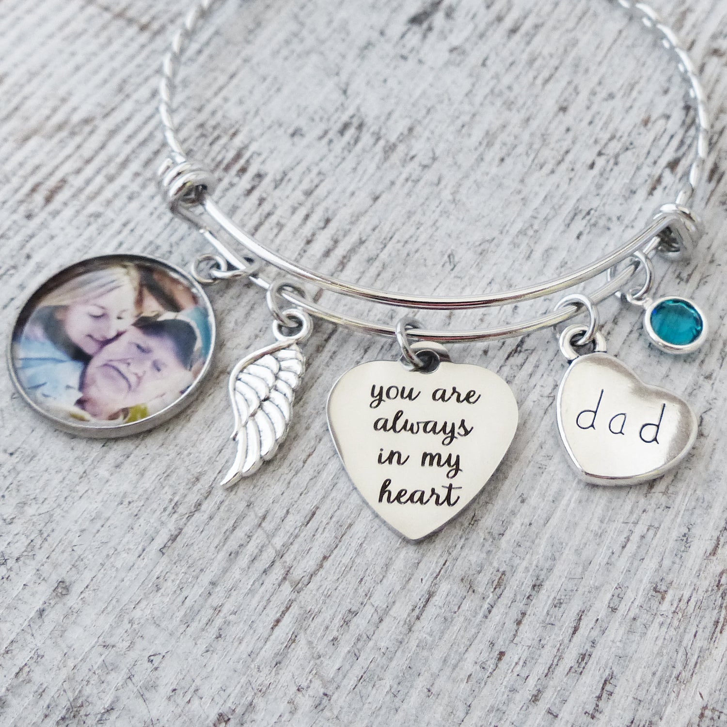remembrance jewelry for her-bangle bracelet with you are always in my heart and a small round photo pendant-dad charm and angel wing with custom birthstone