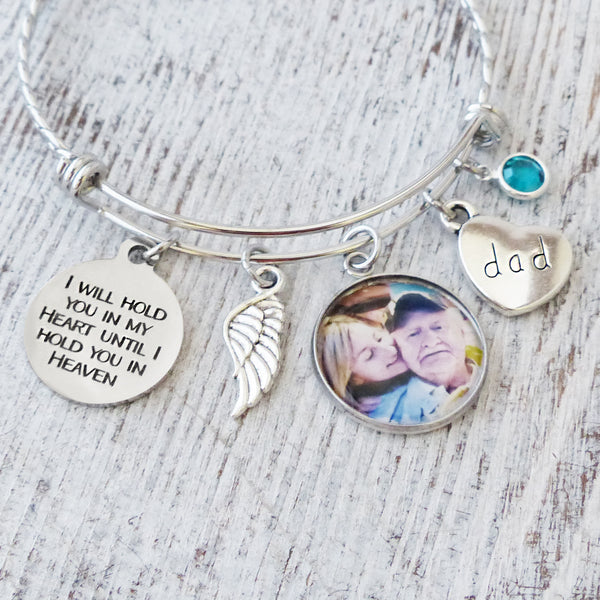 Bereavement bangle bracelet for loss of father I will hold you in my heart until I hold you in heaven-angel wing charm small photo pendant and custom birthstone