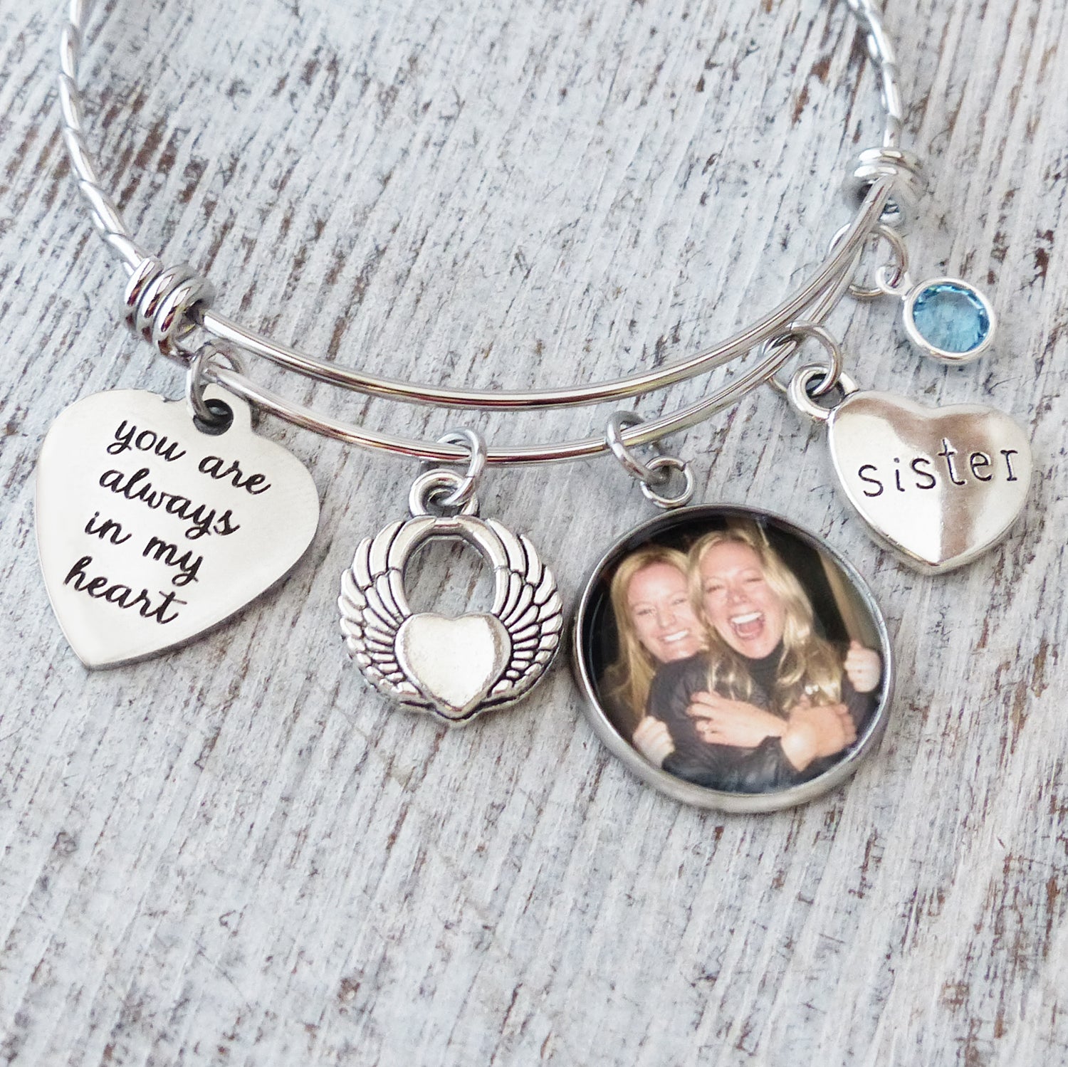 loss of sister bereavement bagel bracelet you are always in my heart with small custom photo pendant an angel wing charm, sister charm and 1 birthstone
