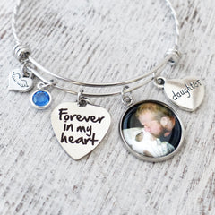 loss of daughter memorial bangle bracelet-forever in my heart with custom photo pendant custom birthstone and angel wing charm