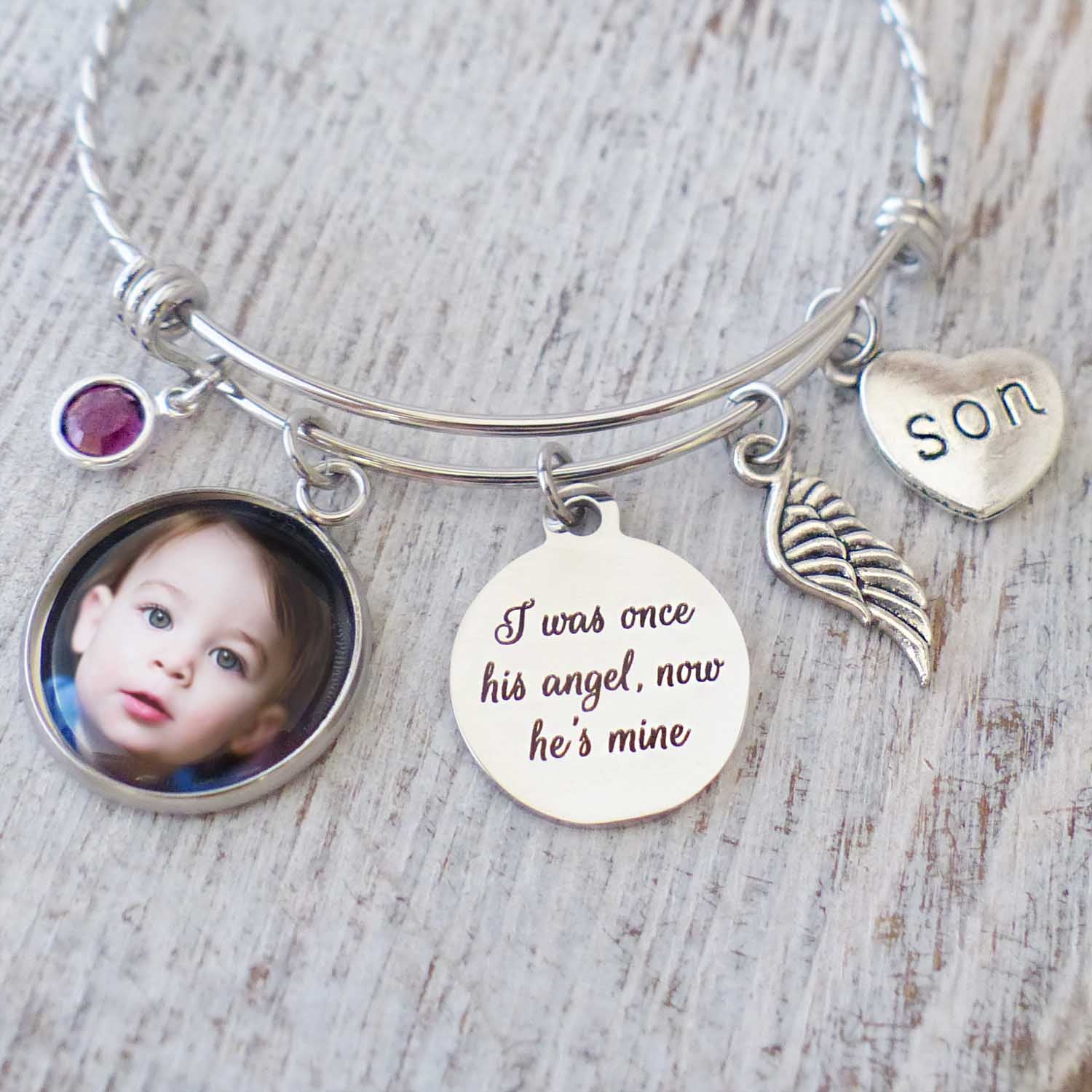 loss of son sympathy gift for mother-I was once his angel now he's mine bangle bracelet with custom photo pendant, angel wing, birthstone, and son charm