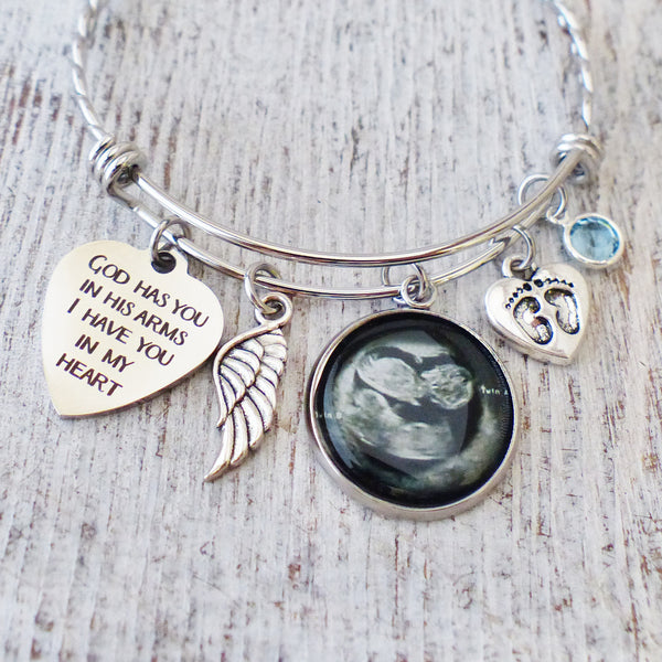 loss of a baby miscarriage bangle bracelet with God has you in His arms I have you in my heart saying with custom photo pendant and birthstone-angel wing charm and baby footprint charm