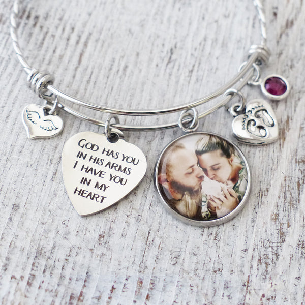 miscarriage bereavement gift for her-Memorial bangle bracelet with charms, God has you in his arms I have you in my heart with custom photo pendant, angel wing charm and custom birthstone-baby footprints charm