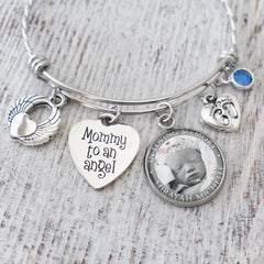 mommy to an angel memorial bangle bracelet with angel wing charm and custom photo pendant. includes baby footprints and custom birthstone charm.