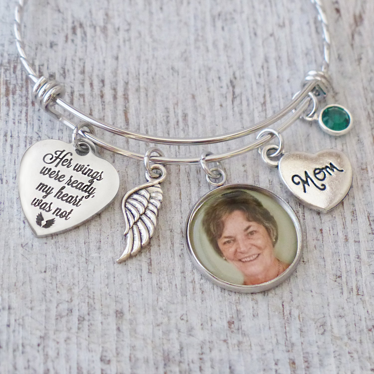 loss of mother bereavement gift for her-bangle bracelet with her wings were ready my heart was not charm and custom photo pendant-includes angel wing charm, mom charm and custom birthstone charm