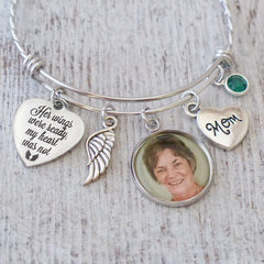 loss of mother bereavement gift for her-bangle bracelet with her wings were ready my heart was not charm and custom photo pendant-includes angel wing charm, mom charm and custom birthstone charm