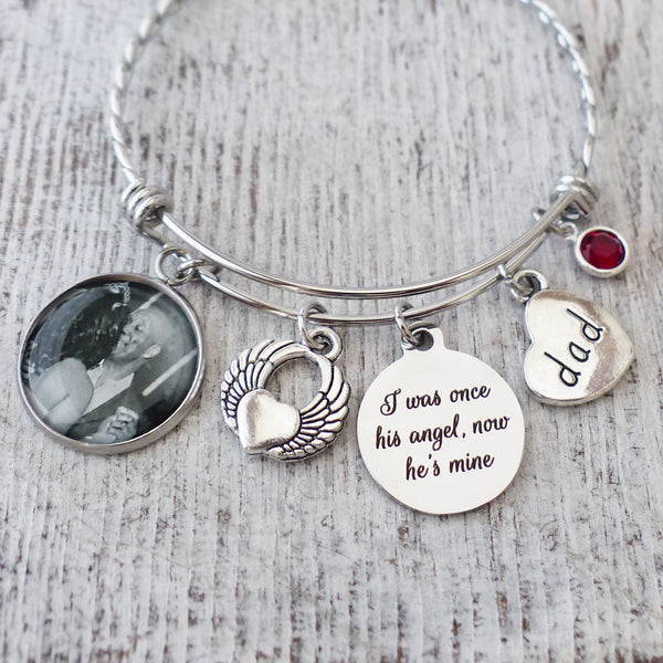 loss of a father gift for daughter-I was once his angel now he's mine memorial bangle bracelet with custom photo pendant, dad charm, angel wing charm and custom birthstone charm
