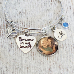 forever in my heart memorial bangle bracelet with custom photo pendant, angel wing charm, personalized letter initial and custom birthstone