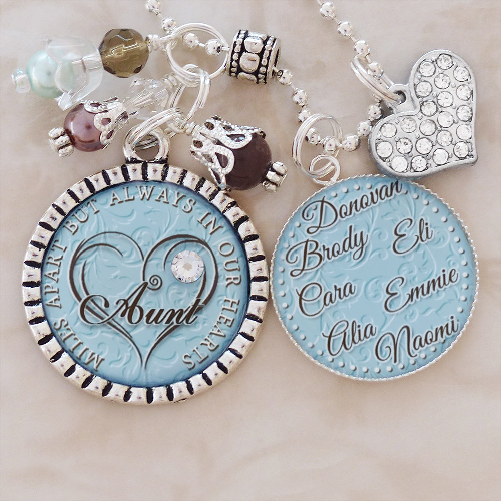 Miles apart but always in our hearts aunt necklace with custom kids names jewelry for aunt or keychain personalized custom. Can be for grandma sister