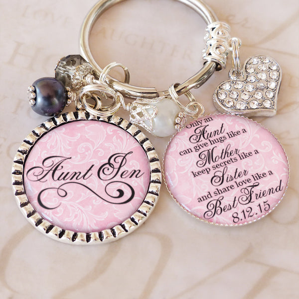 Personalized AUNT of the BRIDE WEDDING Key chain (or necklace) Light Pink - Gift from Bride - Wedding Date Jewelry - Bridesmaid